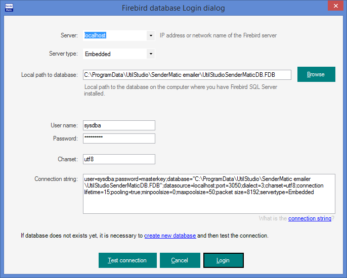 SenderMatic emailer - Firebird connection settings